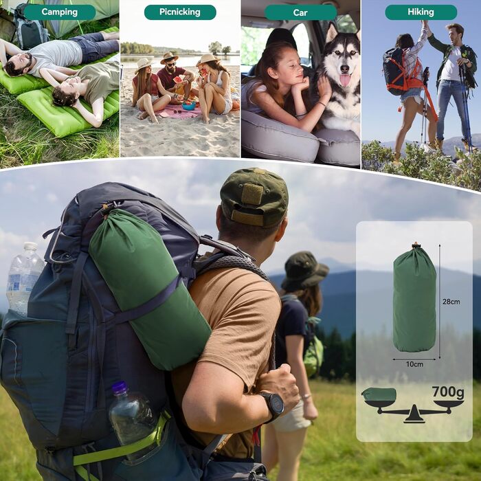 Килимок для кемпінгу YITAHOME самонадувний, ультралегкий, з вбудованим насосом та подушкою. Килимок для відпочинку на природі, подорожей та кемпінгу (зелений)