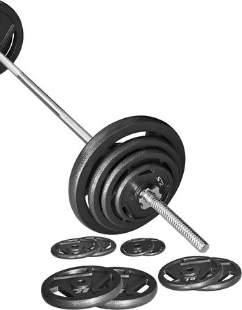 Набір чавунних стандартних гантельних дисків Signature Fitness з 1,5 м штангою та замками, 43,1 кг (38,6 кг диски + 4,5 кг штанга), стиль №3