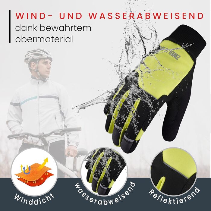 Велосипедні рукавички чоловічі зимові, вітронепроникні, водостійкі, утеплені, з підкладкою, з антиковзаючою поверхнею, терморукавички, чорні (S, жовтий)