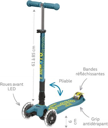 Дитячий самокат Micro Kickboard Maxi Deluxe, складаний, 3 колеса, LED підсвітка, швейцарський дизайн, для дітей 5-12 років, сірий
