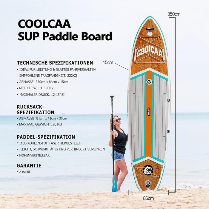 SUP дошка COOLCAA Maple Marlin Lite 355 см, надувний сапборд для дорослих, ширина 86 см, вантажопідйомність 222 кг + аксесуари та сумка