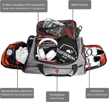 Спортивна сумка Bearformance Ultimate 50L з рюкзаком, відділенням для взуття та вологих речей, сіра, з переробленого PET, для тренажерного залу, подорожей, чоловіків і жінок