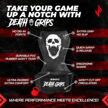 JerkFit Death Grips – ультра преміум лямки для тяги, підтягувань і важкої атлетики, з м'якою підкладкою, захистом долоні та посиленим хватом