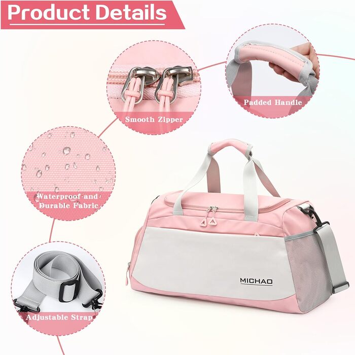 Спортивна сумка-рюкзак для подорожей: велика, водонепроникна, з відділенням для взуття та мокрих речей, для жінок та чоловіків (білий+рожевий)