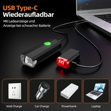 Набір переднього та заднього велоліхтаря LED USB, StVZO, IPX6, чорний+червоний