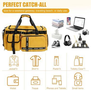 Спортивна сумка для подорожей 65Л з відділенням для взуття та вологих речей, велика сумка для залу, плавання та поїздок (Жовта)