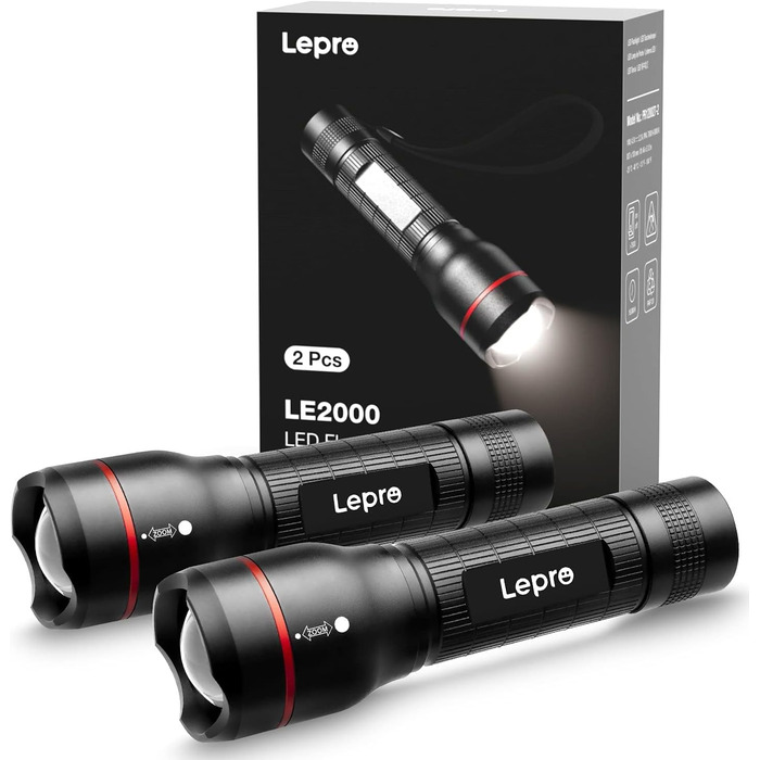 LED ліхтарик Lepro LE2000: 5 режимів, Zoom, водонепроникний, для кемпінгу, риболовлі, туризму, подарунок (2 шт.)