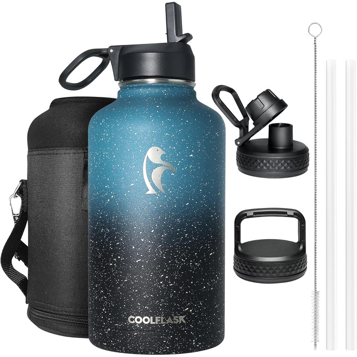 Термос-пляшка Coolflask 2 л з соломинкою та 3 кришками, велика ізольована сталева пляшка для води, спорт і подорожі, Starry Indigo Black