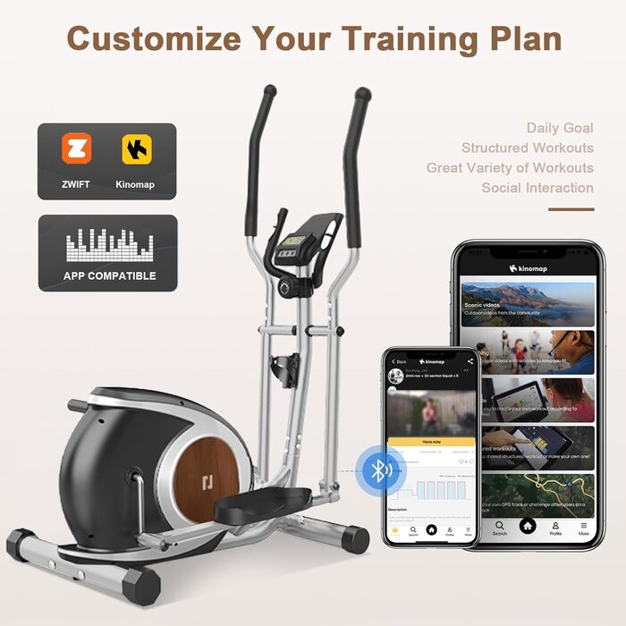 Еліптичний тренажер для дому Crosstrainer з Bluetooth, 16 рівнів опору, LCD-монітор, срібний колір