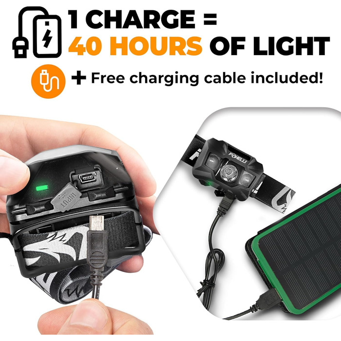 Foxelli LED налобний ліхтар з акумулятором – Ultraleichte перезарядна налобний ліхтар з червоним світлом для дорослих та дітей, для бігу, джогінгу, читання, риболовлі, велосипеда, кемпінгу, піших прогулянок та активного відпочинку 2 шт. Чорний