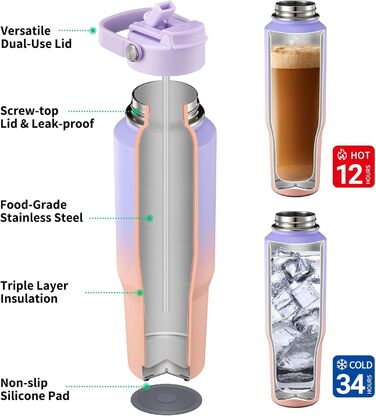 THILY Термопляшка з нержавіючої сталі 40 oz з кришкою та трубочкою, двостінна, для спорту, широка горловина, зберігає холод/гаряче, Lavendel Traum F40