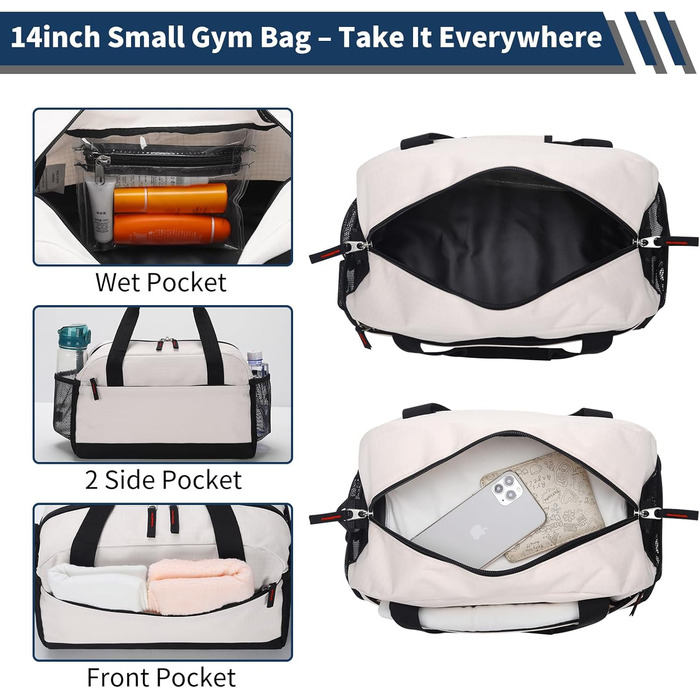 Спортивна сумка маленька з відділенням для мокрого, 35×20×20 см, ручна поклажа, міні-дуфіль, з кількома відділеннями для спорту, відпочинку, коротких подорожей (бежева)