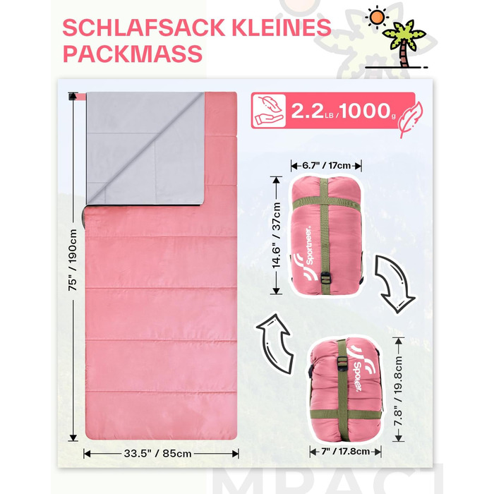 Сплячий мішок літній Sportneer 190x85 см: легкий, водонепроникний, для кемпінгу, походів, подорожей (рожевий)