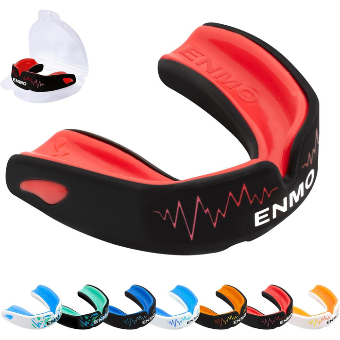 Захисний капу для спорту Enmo Maxilla Pro: для дорослих та дітей (10+), з кейсом. Підходить для регбі, боксу, хокею та контактних видів спорту. Капа з технологією Boil & Bite, тришарова, з каналом для дихання. Білий/синій (Радіо Чорний/Червоний)