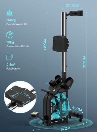 Гребний тренажер Neezee для дому з водним опором, Bluetooth-монітором, тримачем для планшета, до 150 кг, вертикальне зберігання, транспортувальні колеса