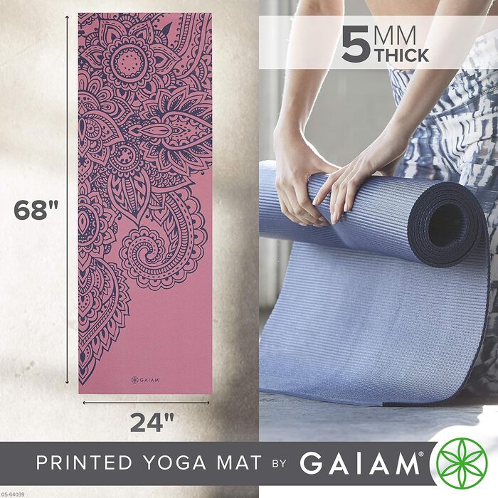 Йога мат Gaiam Premium 5 мм - неслизька тренувальна фітнес-мат для йоги, пілатесу та фітнесу (172.7 x 61 x 5 мм, Paisley Tropical)
