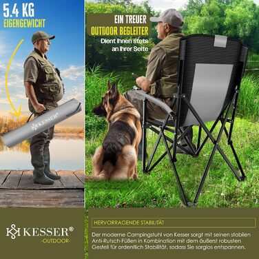 Крісло для кемпінгу KESSER® з високою спинкою, 160 кг, з підлокітниками, кишенею для напоїв та світлом, сіре/чорне