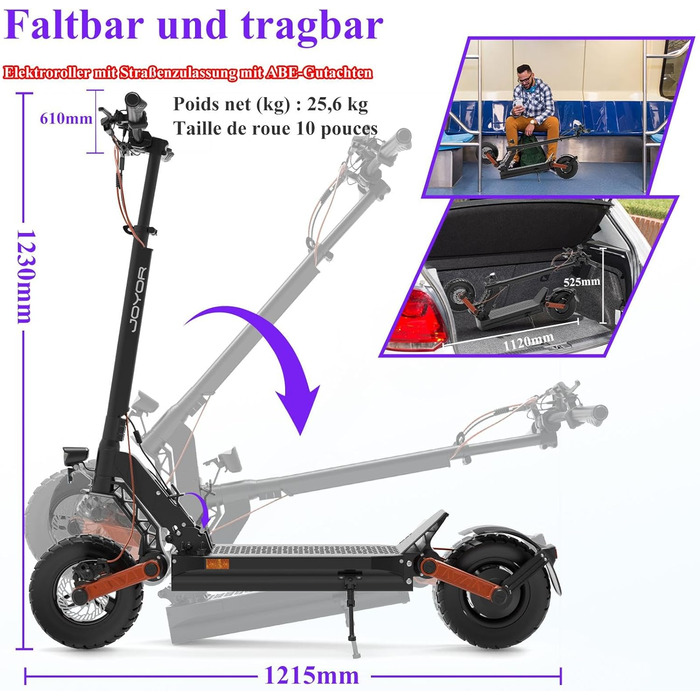 Електросамокат JOYOR S-Series 48/60В 13/18/26Аг, запас ходу 40-90 км, механічна/гідравлічна гальмівна система, подвійна амортизація, складаний e-скутер з 10'' колесами