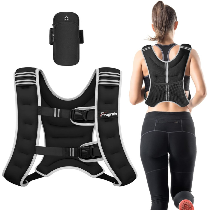 Утяжелитель Fragraim (6/8/10/12/16 кг) для жінок та чоловіків: жилет для фітнесу, бігу, тренувань, з кишенею для телефону, світловідбиваючими елементами, чорний