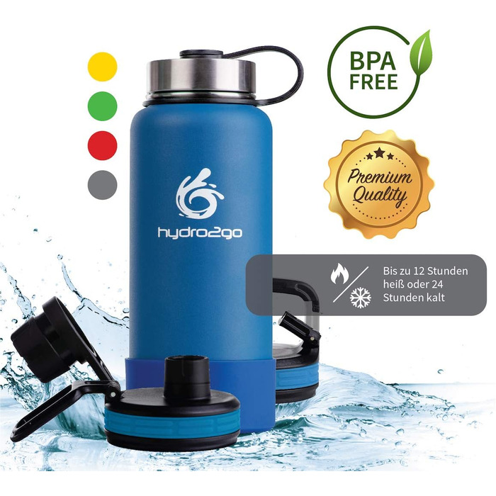 Герметична термос-пляшка з нержавіючої сталі hydro2go X-AlpsBottle 1 л, вакуумна ізоляція, 3 кришки, подвійні стінки, спортивна пляшка для напоїв, блакитна
