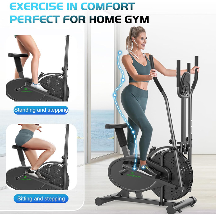 Еліптичний тренажер 2 в 1 з функцією степпера для дому, чорний. З LCD-монітором та регулюванням опору.