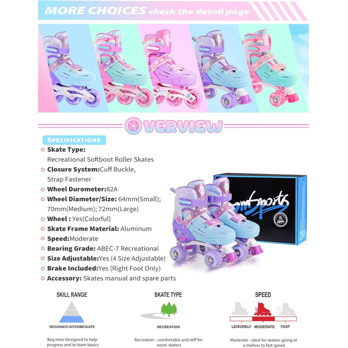 Ролики для дітей 2PM SPORTS: регульовані, рожево-блакитні, для дівчаток-початківців, для катання в приміщенні та на вулиці (M, 32-36 EU)