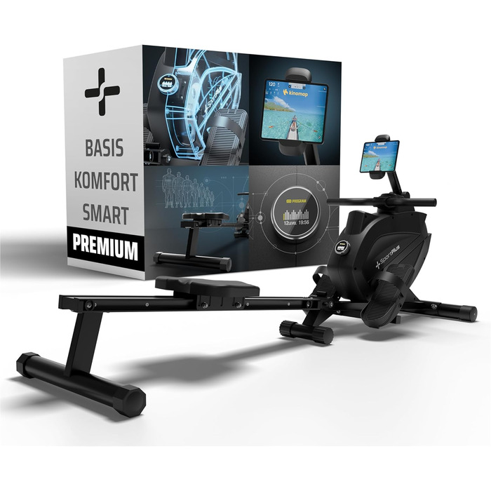 Гребний тренажер SportPlus для дому, складаний, з тихою магнітною системою гальмування, комп'ютер для тренувань, фітнес-обладнання для дому, Indoor гребний тренажер, сумісний з додатком (Premium)