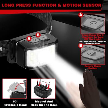 LED налобний ліхтар Aaizplz, 2 шт. - 2000 люмен, 16 режимів, водонепроникний IPX6, сенсор, магніт, для кемпінгу, бігу, риболовлі, дітей та дорослих