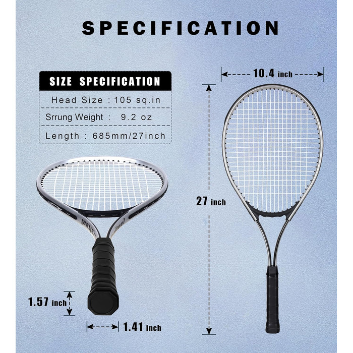 Набір тенісних ракеток 2 шт. для сім'ї та початківців, 27 дюймів, для гри на відкритому повітрі