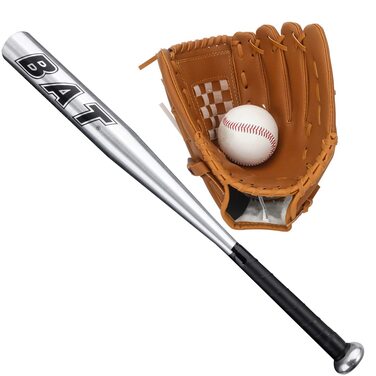 Біта бейсбольна алюмінієва 25'' (63,5 см) з рукавичкою для лівої руки, для софтболу, тренувань, молоді та дорослих, срібляста