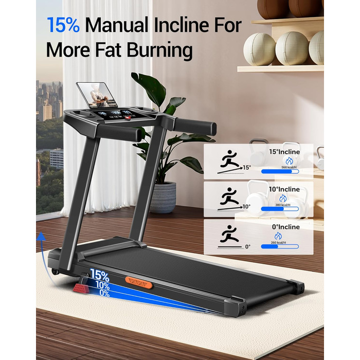 Біговий тренажер UMAY для дому, складаний, 12 км/год, з монітором серцевого ритму, 2.5PS/1800W, 12 програм тренувань, 10% нахил, ефективна амортизація