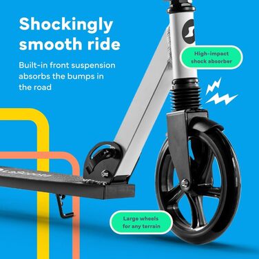 Lascoota Роликовий самокат для дітей від 8 років - дорослий, складний, регульована висота, амортизація переднього колеса, ремінь на плече, колеса 20 см, великий самокат для підлітків, колір: блакитний