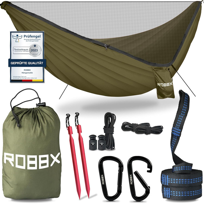 Гамак ROBBX® для 2 осіб з москітною сіткою | 300 кг | Намет-гамак, 290x140 см, оливковий | для кемпінгу та відпочинку на природі
