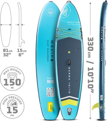 Надувний SUP Борд Movino Garda Allround 10'10' - Комплект для Сапсерфінгу (330 см, Турквіз-Лимон)