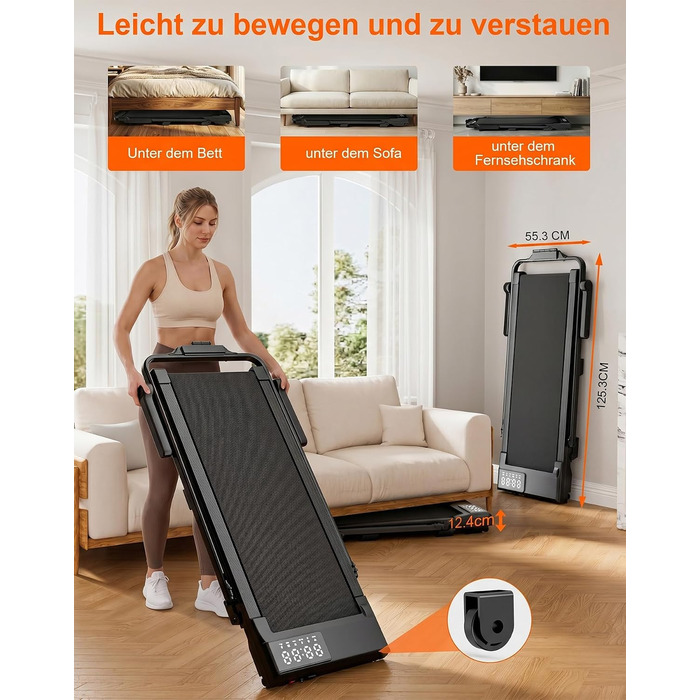 Складана бігова доріжка MJWW Raceable Walking Pad з нахилом 6-9%, 2.5/3.0 HP, керування через додаток, AI-тренування, LED-дисплей, для дому та офісу (чорний глянець, 95 см)