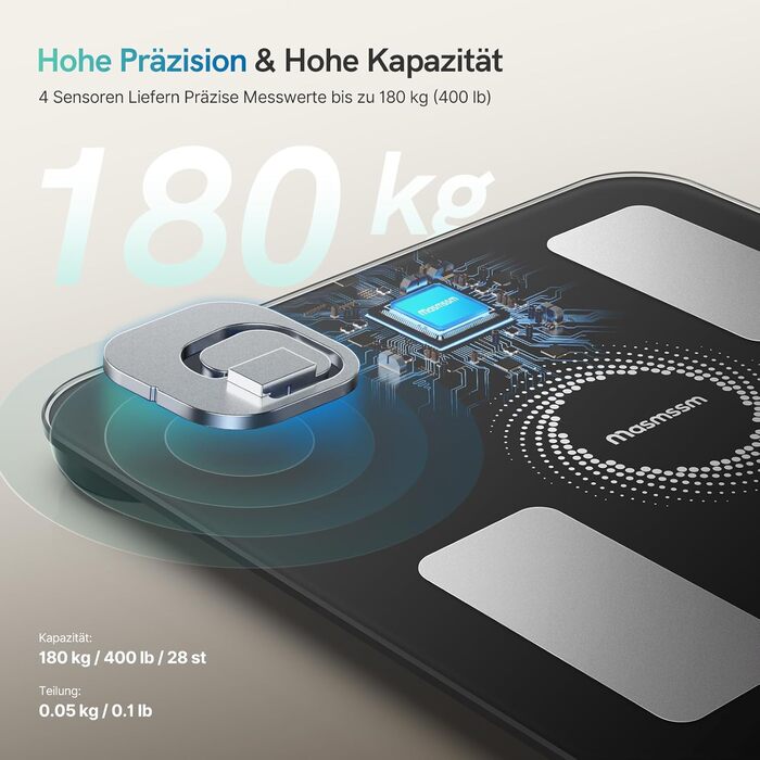 Ваги Bluetooth для аналізу складу тіла Personenwaage: ваги для вимірювання жиру, BMI, 20 показників, до 180 кг, iOS/Android