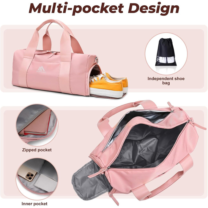 Спортивна сумка Flintronic для дівчаток та жінок, маленька сумка для плавання та фітнесу з відділенням для взуття та вологостійким відсіком (Рожева, 44 x 20 x 20 см)