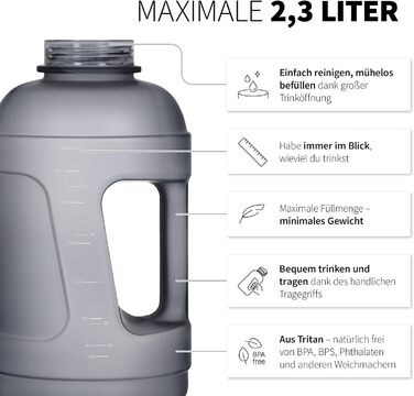 Фітнес-пляшка 720°DGREE uberBottle 2300 мл з ручкою, BPA-free, не протікає, для води та напоїв, спорт, тренування, спортзал, сірий Softtouch