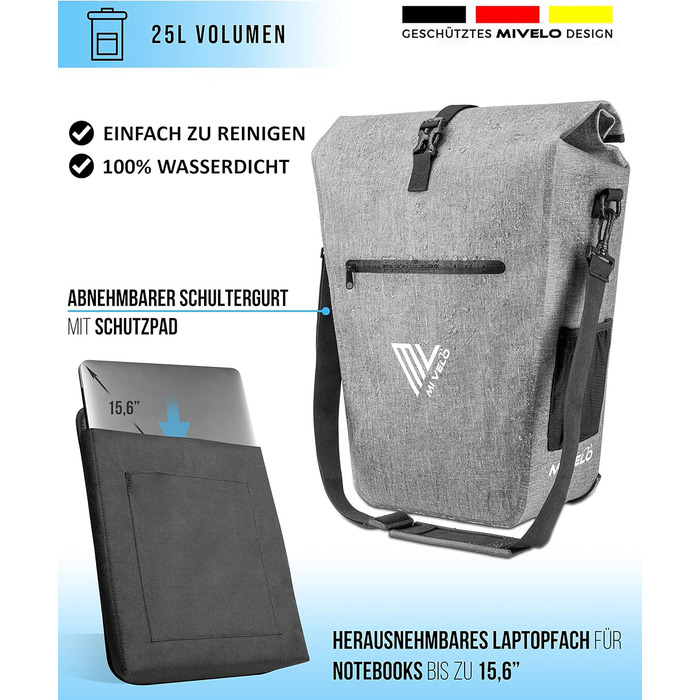 MIVELO 2в1 велосипедна сумка на багажник, водонепроникна, без ПВХ, з відділенням для ноутбука та плечовим ременем, сіра