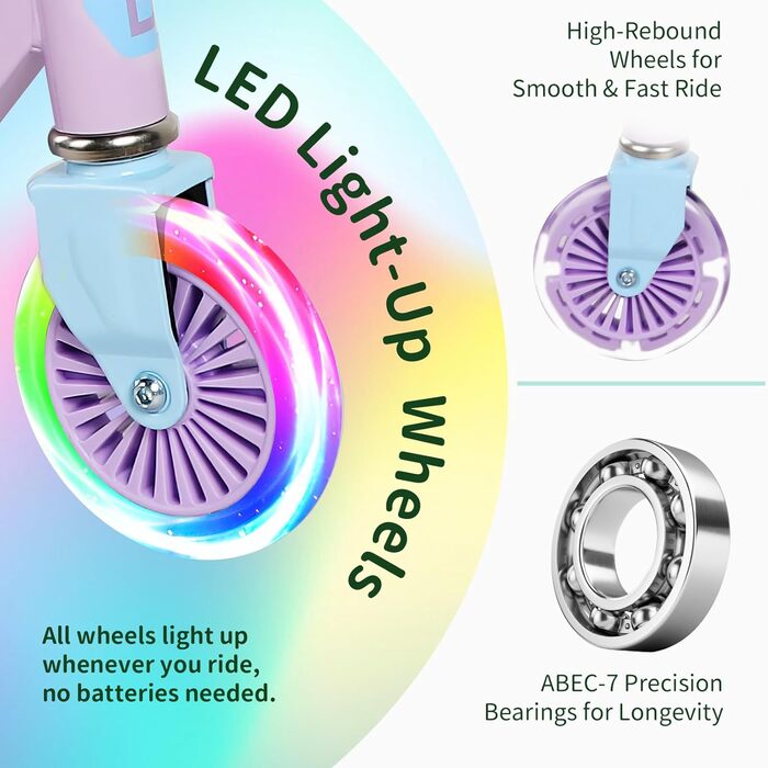 Самокат дитячий BELEEV V2 з LED колесами, регульованою висотою, гальмом, фіолетовий для хлопчиків та дівчаток 4-12 років