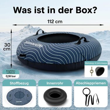 Надувний сніговий снігохід SereneLife 112/122 см – XXL для дітей та дорослих, з антиковзким дном та ручкою, блакитний