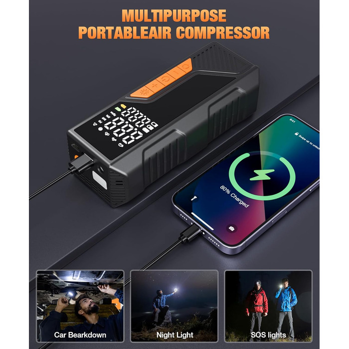 Портативний електричний компресор bedee, акумуляторний насос 12V з цифровим манометром, LED-підсвіткою, 150 PSI для авто, велосипедів і мотоциклів