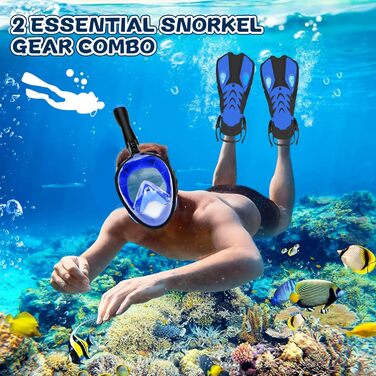 Набір для снорклінгу та дайвінгу для дорослих: маска-половинка, ласти, чохол. Широкий огляд 180°, фіксація камери, регульовані ласти