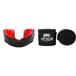 Капа Venum Challenger для боксу, чорно-червона, універсальний розмір + Бинти Venum Kontact для рук, чорні, 4м