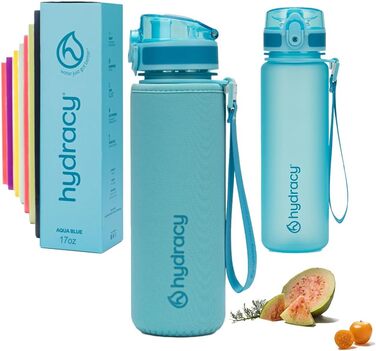 Пляшка для води Hydracy з фруктовим інфузером, 500 мл, BPA-free, із часовими мітками, герметична спортивна пляшка без конденсату, швидке пиття, для спорту та активного відпочинку, аква-синя