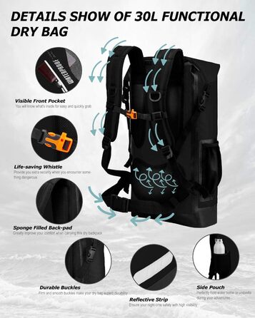 Водонепроникний рюкзак IDRYBAG 30L, PVC, для каякінгу, кану, кемпінгу, туризму (Чорний)