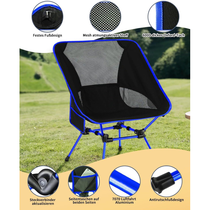 Складний туристичний стілець для кемпінгу з сіткою та кишенями, вантажопідйомність 150 кг, ультралегкий, для подорожей, пікніків, риболовлі (Оранжевий, Синьо-чорний)