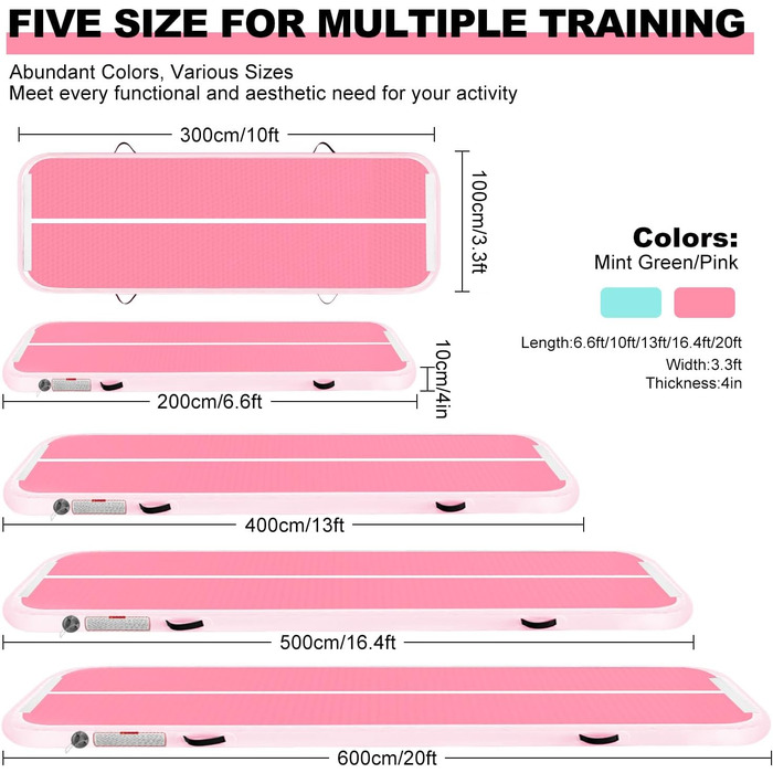 Гімнастичний надувний мат (килимок) 2м/3м/4м/5м/6м, 10см, для фітнесу, йоги, танців, рожевий, з насосом, для дому
