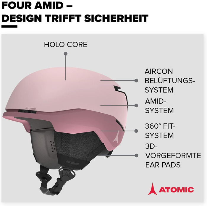 Лижний шолом ATOMIC FOUR AMID для максимального захисту, з вентиляцією та комфортною посадкою 360°, рожевий, розмір 48-52, підходить для сноуборду