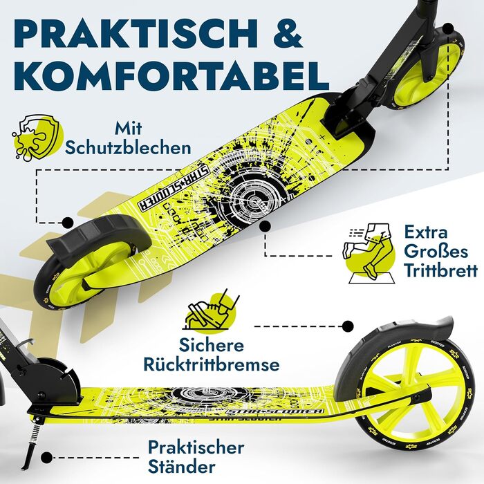 Самокат STAR SCOOTER алюмінієвий, для дітей і дорослих, великі колеса 205 мм, для хлопчиків і дівчат від 6 років, міський, XXL дека
